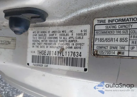 2000 Honda Civic Ex из США, поврежденный, VIN 1HGEJ8141YL117634